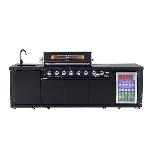Rockpool 6B + Wok: Black Designer 6 Burner Outdoor BBQ Kitchen (BBQ Only Fridge Sink Sold Seperate) - LPG