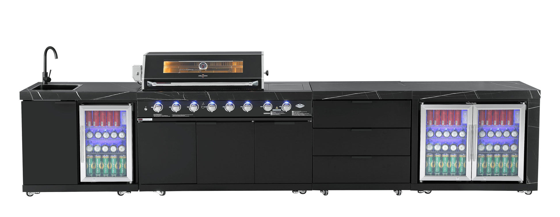 Rockpool Black XL 6B + Wok : Designer Outdoor Kitchen BBQ Package With Fridge, Sink, Rotisserie & BBQ Covers.