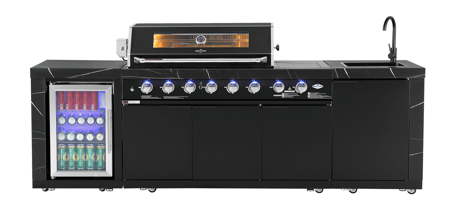 Rockpool Black XL 6B + Wok : Designer Outdoor Kitchen BBQ Package With Fridge, Sink, Rotisserie & BBQ Covers.