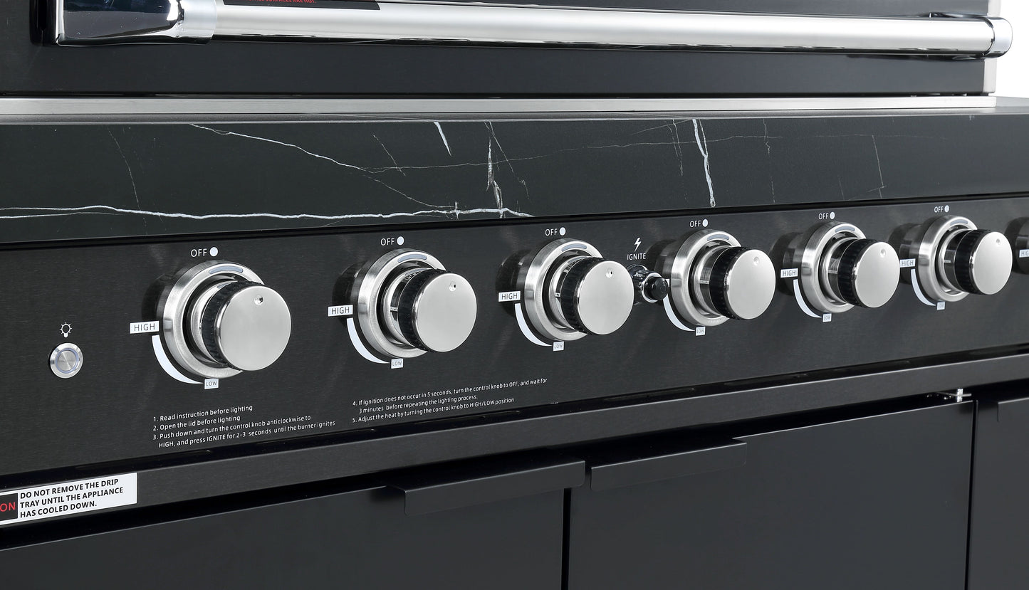 Rockpool Black 6 Burner Non Wok BBQ Module - LPG Plug Play, Rotisserie & Cover Included.
