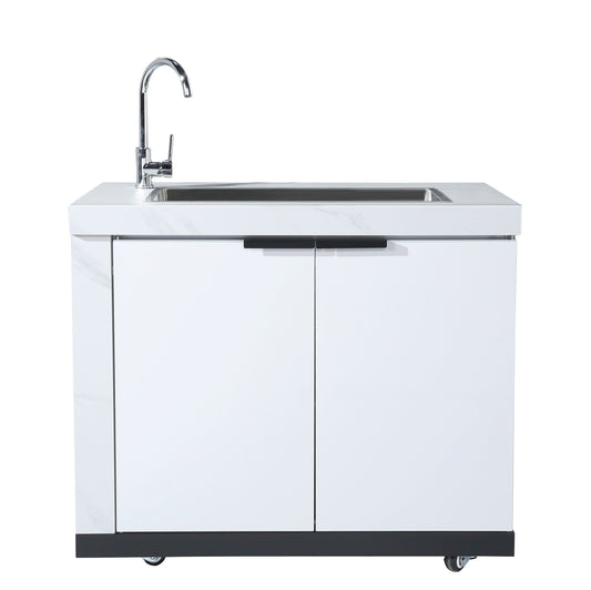 2DR RHS Waterfall Edge Sink Module Suits Rockpool White BBQ Kitchen Package Inc Stone Finishes, Aluminum Powder coated Cabinets, Tap, Waste, Hose, Castor Wheels RHS Waterfall Edge