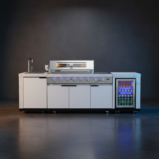 Rockpool 6B + Wok: White Designer 6 Burner Outdoor BBQ Kitchen Package: Inc White Bench, White Doors, Fridge & Sink