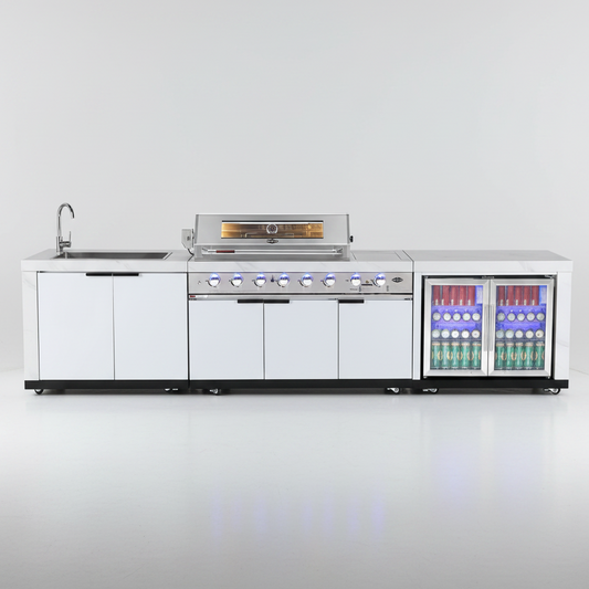 Rockpool 6B + Wok: White Designer 6 Burner Outdoor BBQ Kitchen Package: Inc White Bench, White Doors, Fridge & Sink