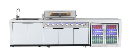 Rockpool White Sintered Stone 6 Burner Outdoor Kitchen (Natural Gas) w/ Fridge, Sink and 3 Drawer Storage Module