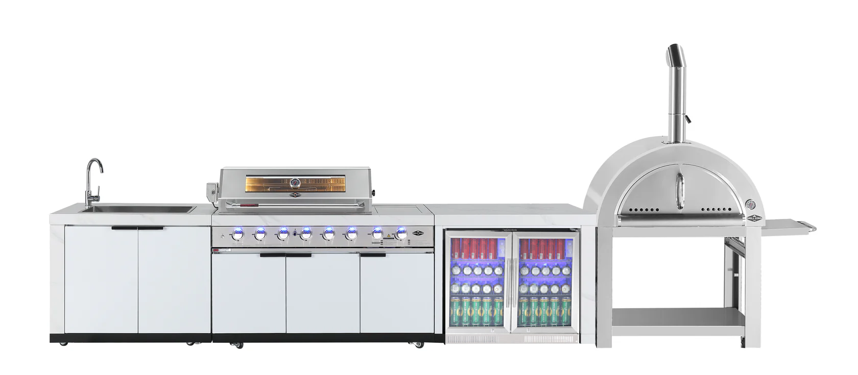 Rockpool 6B + Wok: White Designer 6 Burner Outdoor BBQ Kitchen Package: Inc White Bench, White Doors, Fridge & Sink