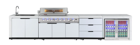 Rockpool White Sintered Stone 6 Burner Outdoor Kitchen (Natural Gas) w/ Fridge, Sink and 3 Drawer Storage Module