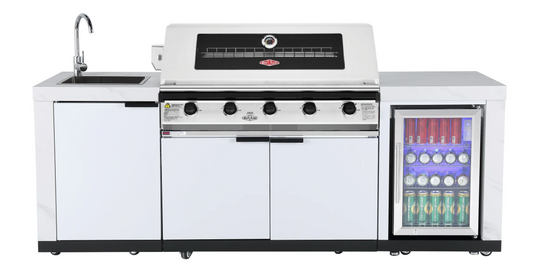 Rockpool White BBQ Kitchen Package Suit Beefeater 5 Burner 1200, Fridge And Sink Outdoor BBQ Kitchen Package