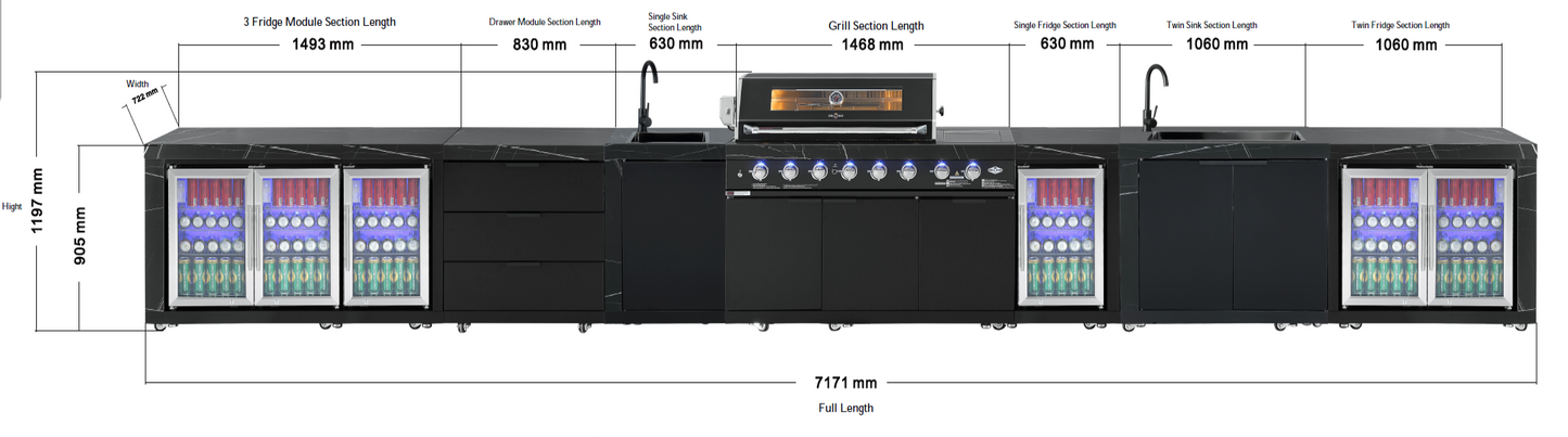 Rockpool Black XL 6B + Wok : Designer Outdoor Kitchen BBQ Package With Fridge, Sink, Rotisserie & BBQ Covers.