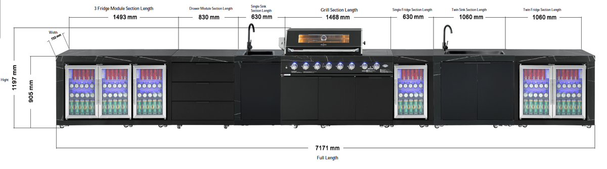 Rockpool Black XL 6B + Wok : Designer Outdoor Kitchen BBQ Package With Fridge, Sink dimensions drawing