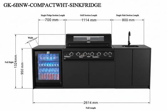 Grill King Signature Series 6 Burner Outdoor BBQ Kitchen Package – Black Stone Benchtop, Black Aluminium Cabinets, Built-In BBQ + Rotisserie