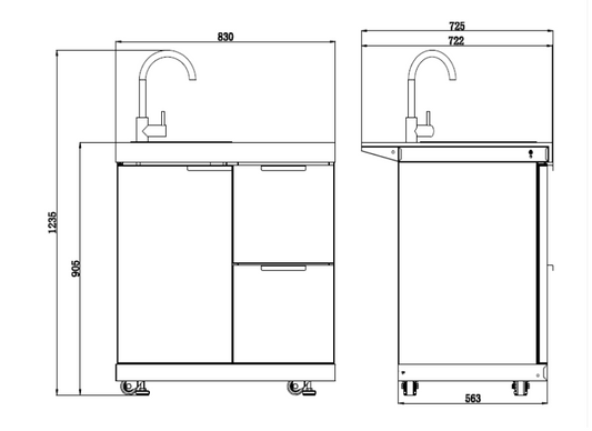 Sink & Draw Module Suits Rockpool Black BBQ Kitchen Package Inc Stone Finishes, Aluminum Powder coated Cabinets, Tap, Castor Wheels