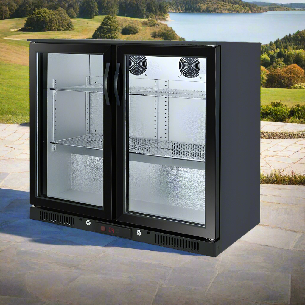 Tropical Rated Triple Glazed 208L Double Door Under-bench Commercial Bar Wine Fridge Drinks Chiller in Black
