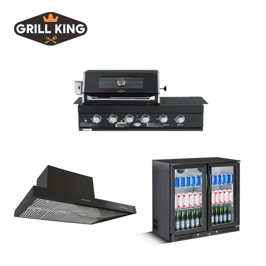 Ultimate BBQ Kitchen Bundle: 4B Black SS Drop In BBQ, 120CM Commercial Rangehood, and 208L Underbench Alfresco Bar Fridge