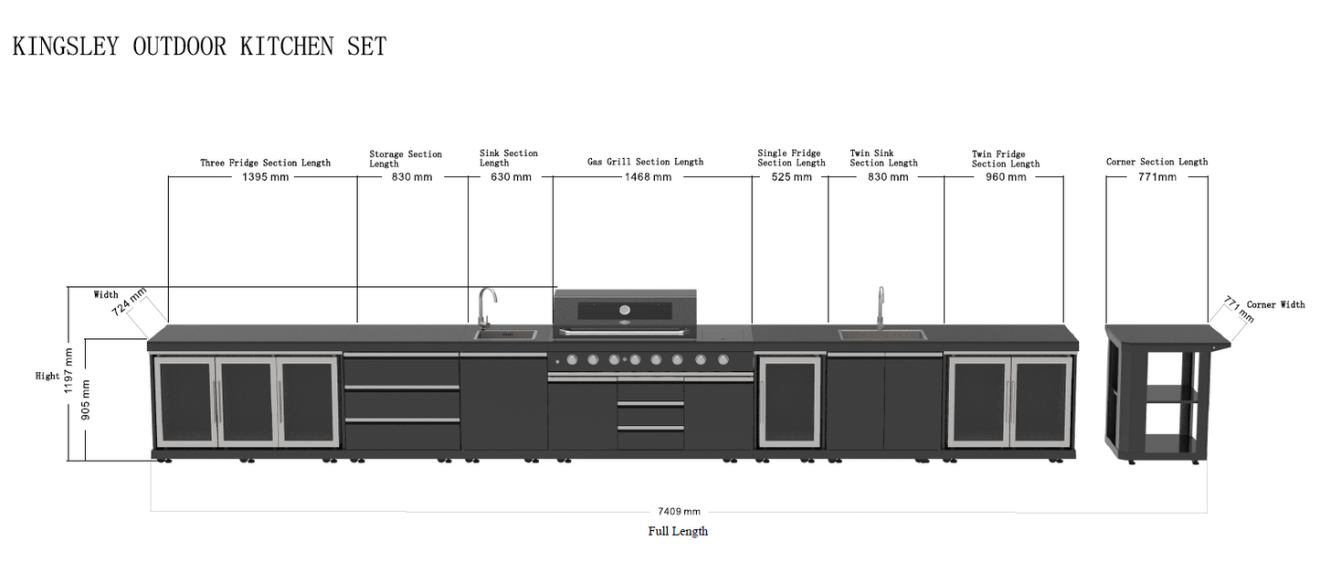 Kingsley 6-Burner Outdoor BBQ Kitchen: Black Stainless Steel, Stone Bench, Fridge, Sink, Height Adjustable, Rotisserie with BBQ Cover