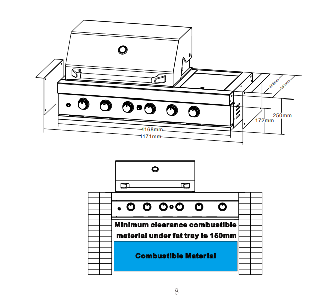 4 Burner + Wok Built In BBQ With Rear Infrared Burner | Black 304 Stainless Steel, Blue LED Knobs