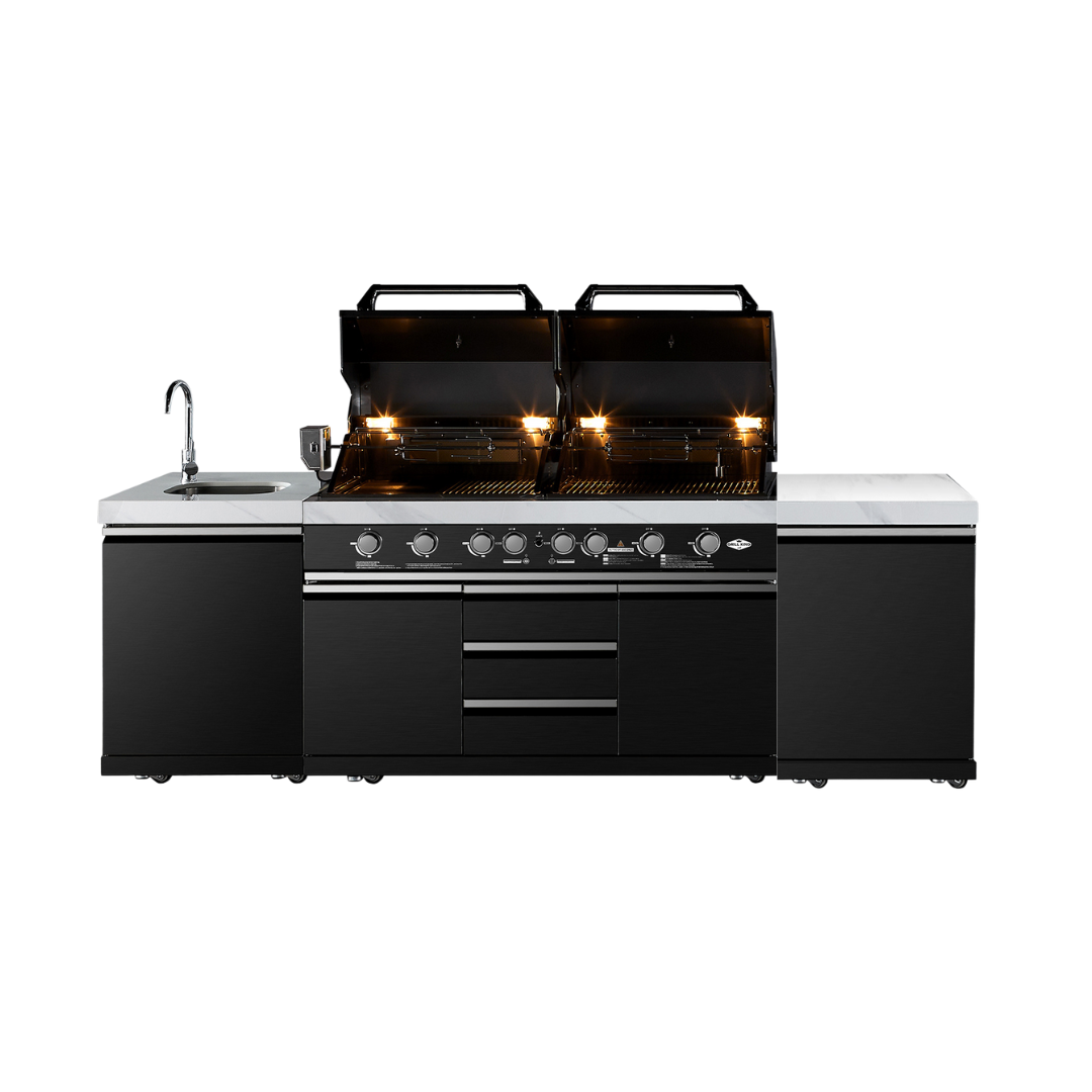 Element Twin Hood 8 Burner Outdoor BBQ Kitchen: High Grade 304 SS + White Stone + 1 Door Sink + 1 Door Storage