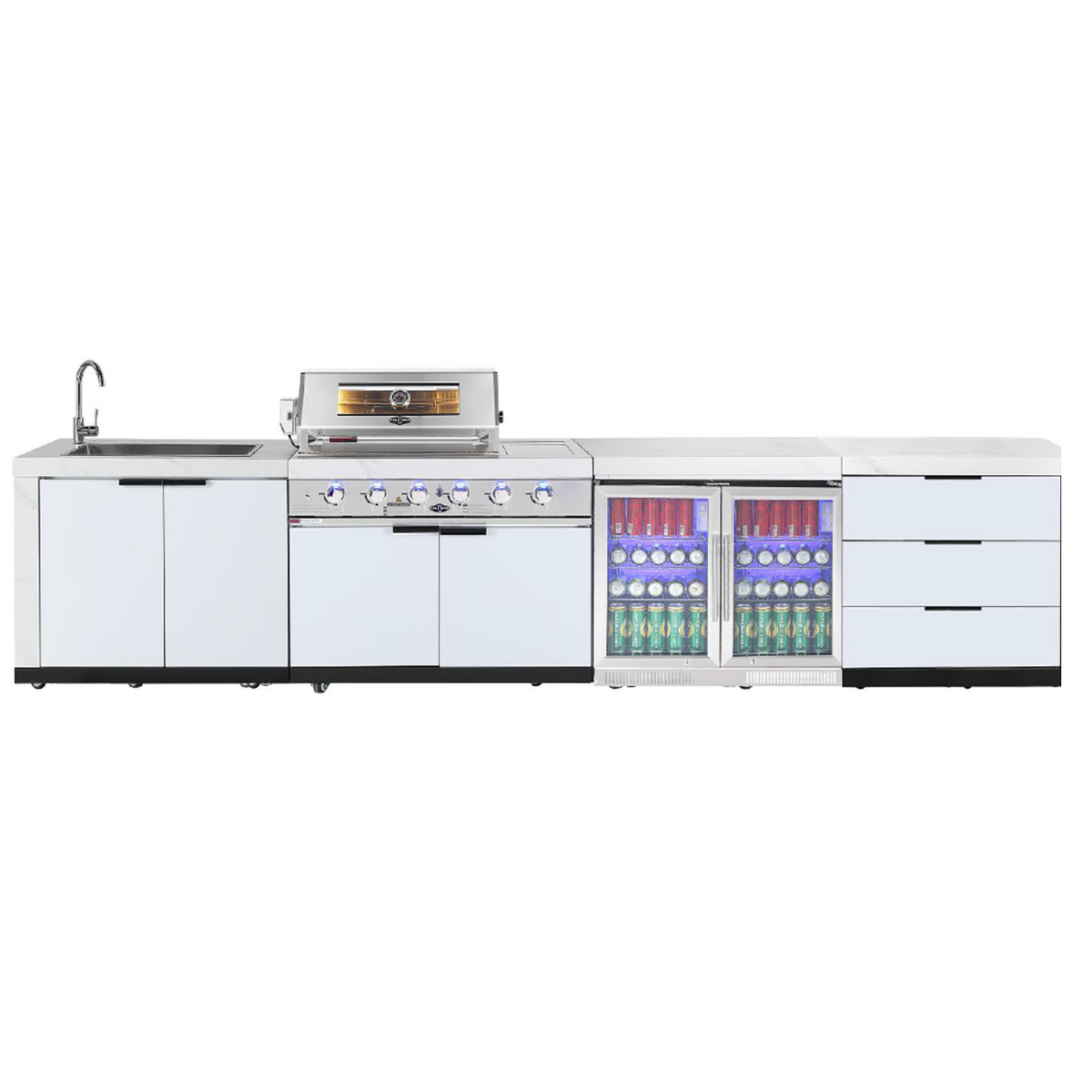 Rockpool White 4B + Wok: Designer Outdoor BBQ Kitchen Package Inc 2DR Fridge, 2DR Sink, 3 Draw Storage, Rear Infrared