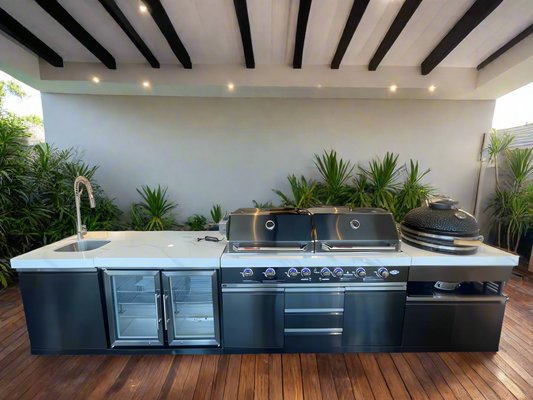 Floor Stock Element Twin-Hood Outdoor BBQ Kitchen with Kamado Smoker, Fridge, Sink, Rotisserie