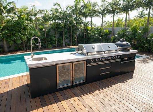 Floor Stock Element Twin-Hood Outdoor BBQ Kitchen with Kamado Smoker, Fridge, Sink, Rotisserie