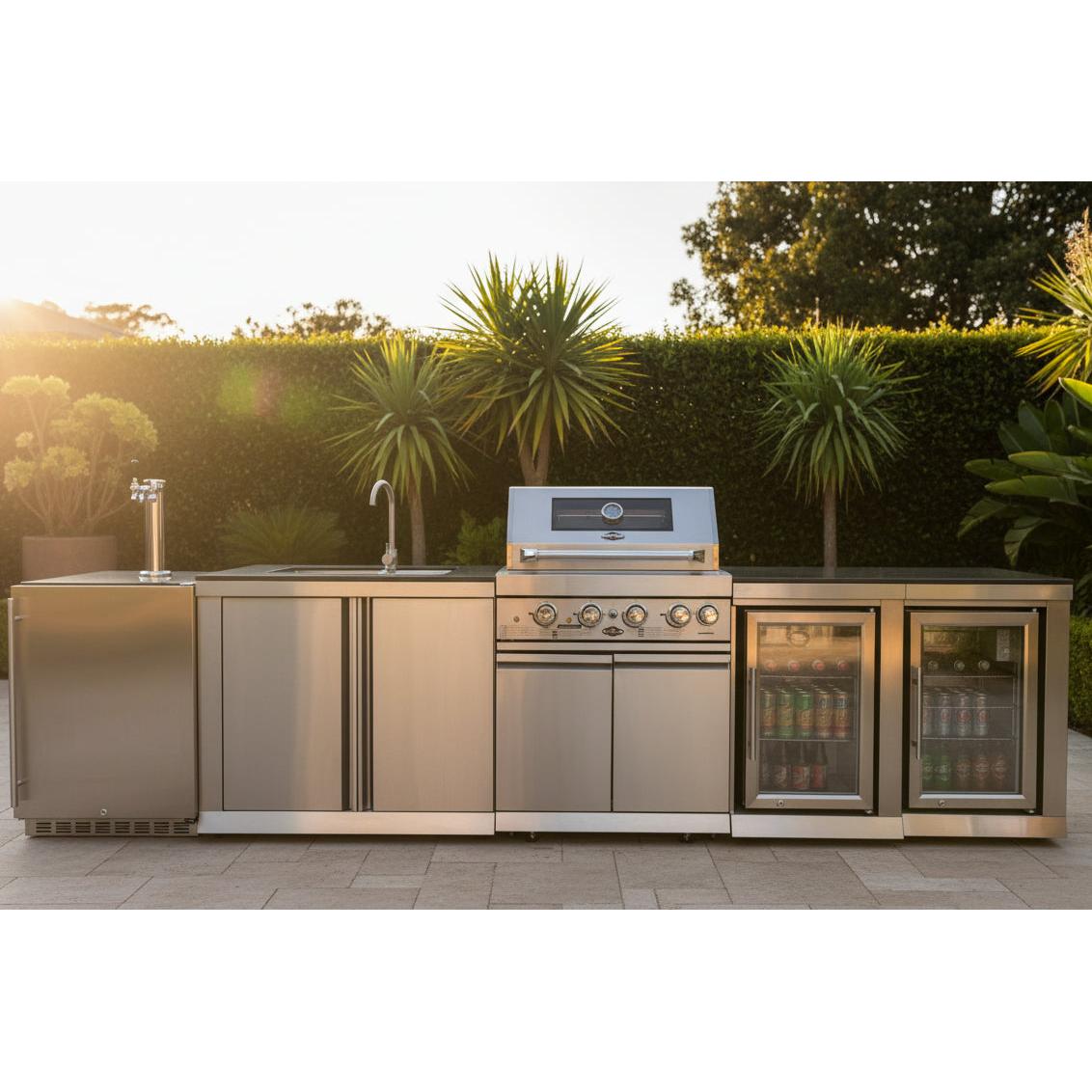 Floor Stock 4-Burner SS Built-In BBQ Outdoor with Double Sink + Single Fridge