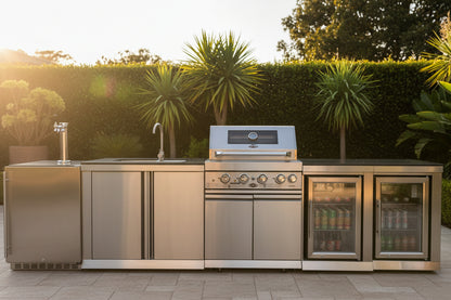 test rey 1 Floor Stock 4-Burner SS Built-In BBQ Outdoor with Double Sink + Single Fridge