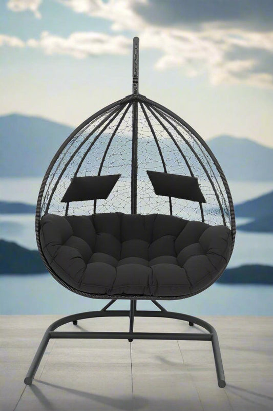 ARI Outdoor Hanging Egg Chair Black - Outdoor Patio Hanging Egg Chair with Cushion and Metal Stand. Frame: steel, powder coated. Round Wicker woven