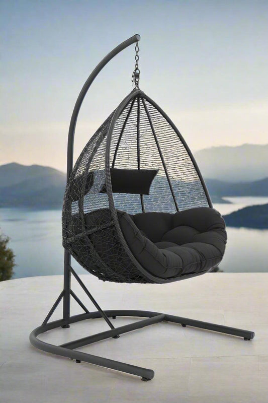 ARI Outdoor Hanging Egg Chair Black - Outdoor Patio Hanging Egg Chair with Cushion and Metal Stand. Frame: steel, powder coated. Round Wicker woven