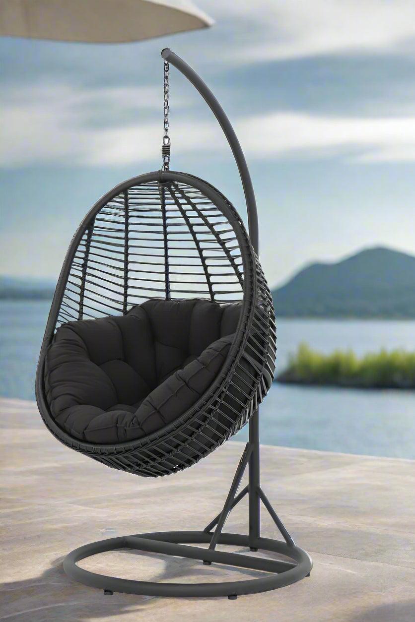 ARI Outdoor Hanging Egg Chair Black - Outdoor Patio Hanging Egg Chair with Cushion and Metal Stand. Frame: steel, powder coated. Round Wicker woven