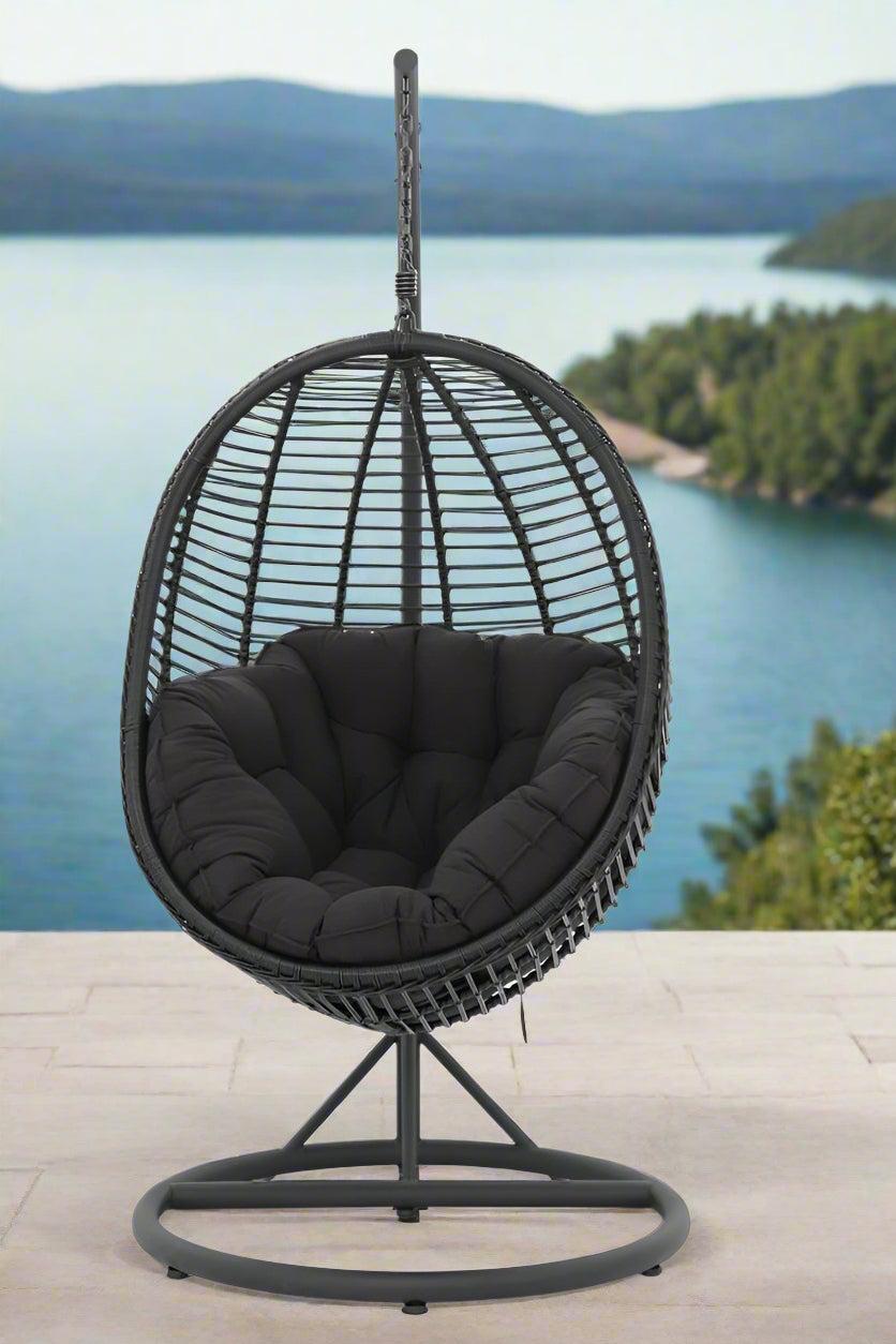 ARI Outdoor Hanging Egg Chair Black - Outdoor Patio Hanging Egg Chair with Cushion and Metal Stand. Frame: steel, powder coated. Round Wicker woven