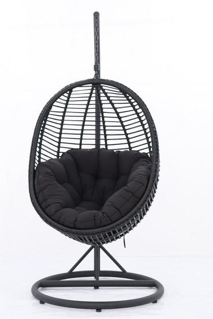 test rey 1 ARI Outdoor Hanging Egg Chair Black - Outdoor Patio Hanging Egg Chair with Cushion and Metal Stand. Frame: steel, powder coated. Round Wicker woven