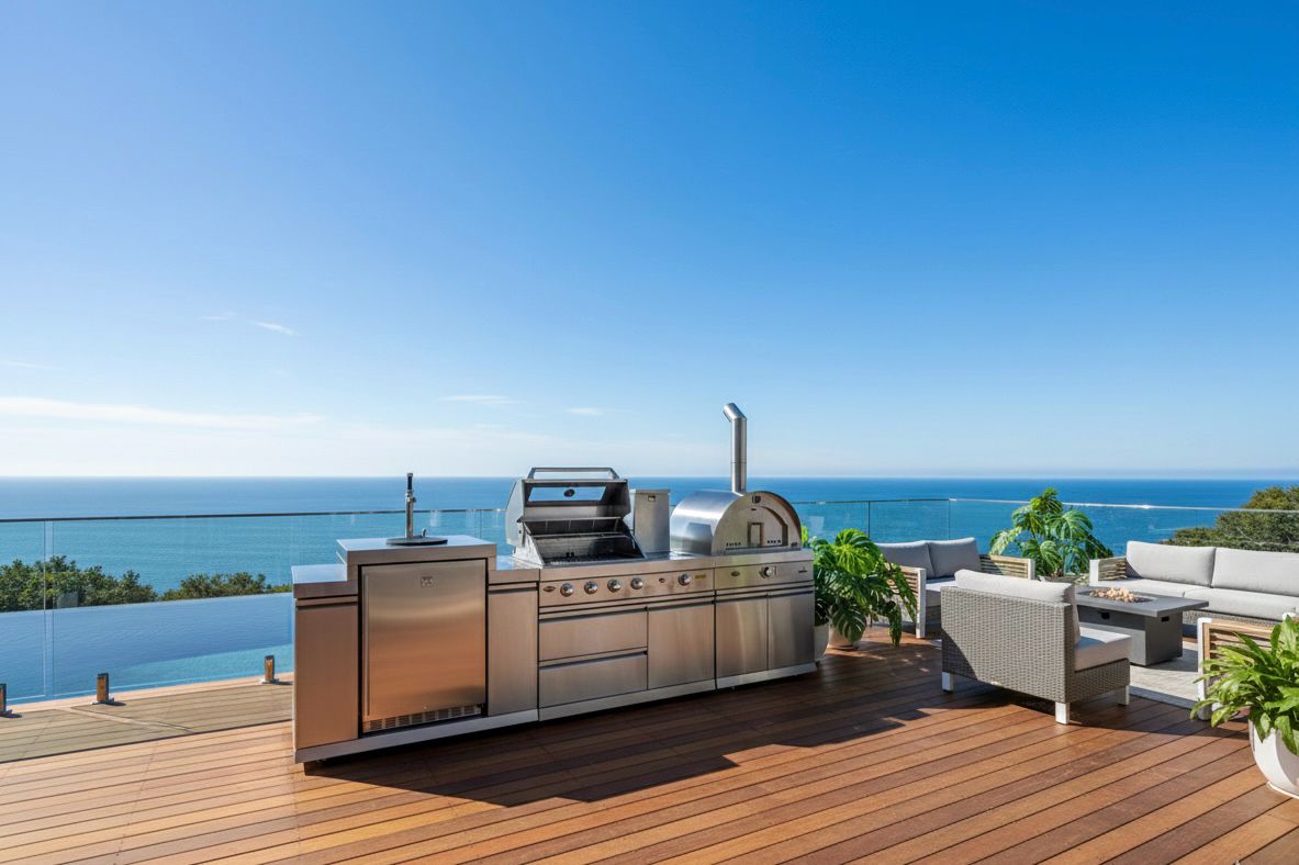 Floor Stock Stainless Steel Felix 4B + Wok BBQ Kitchen + 22” Gas Pizza Oven Module + 188L Kegerator