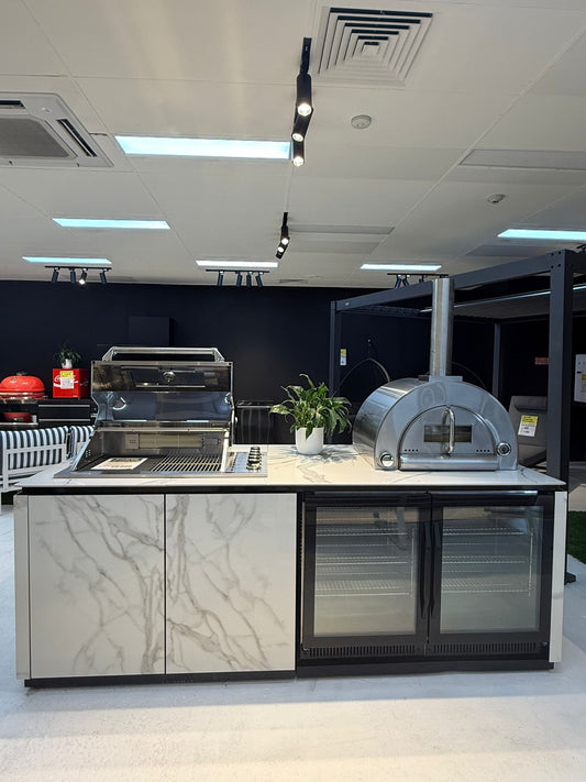 Floor Stock Grill King Bella 4B Drop In | Twin Fridge Alfresco Outdoor BBQ Kitchens Island High Grade White Stone Designer BBQ Inc 2 DR Fridge (excluding PIzza Oven)