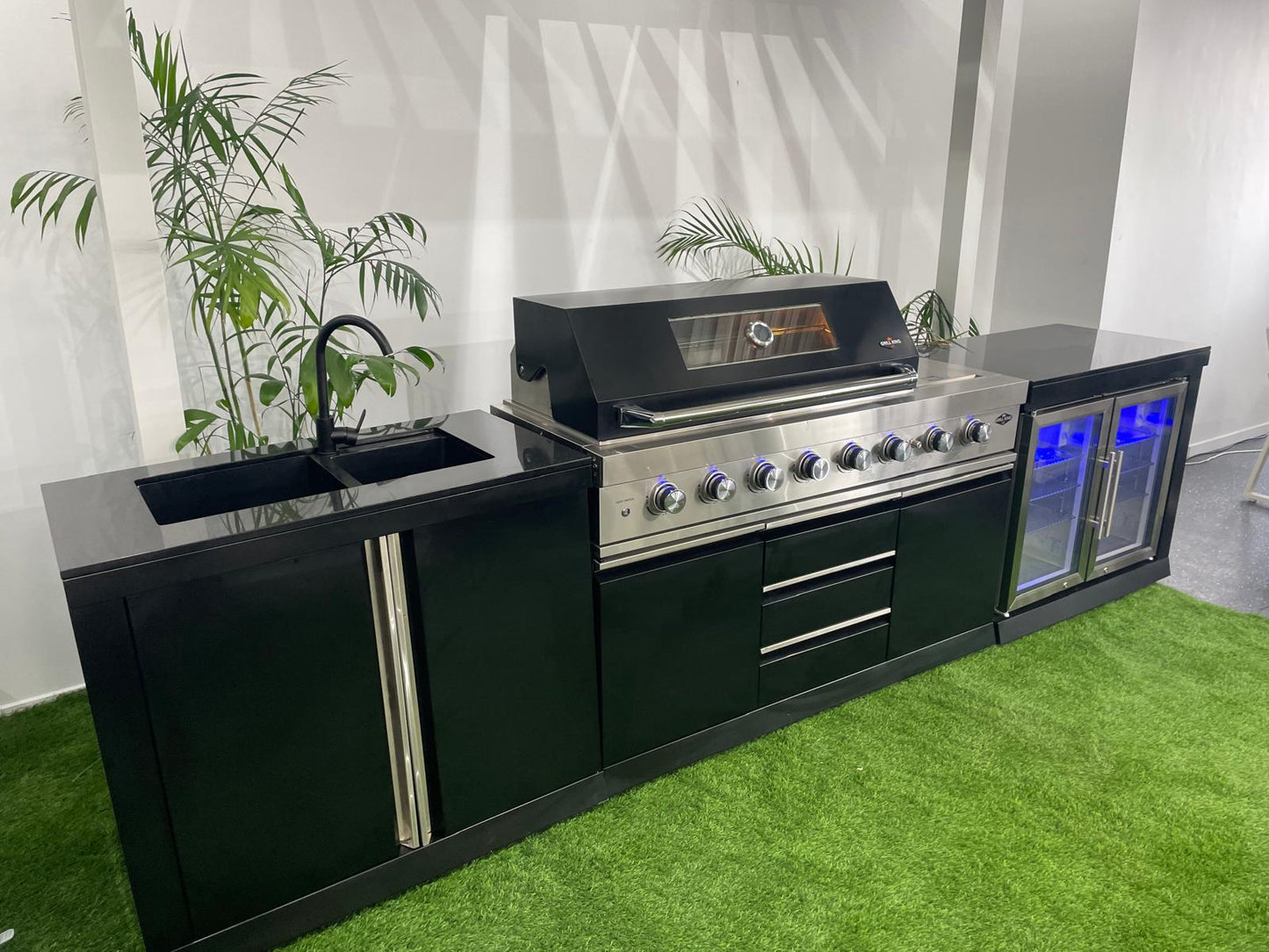 Black 304SS 6 Burner + Wok BBQ Kitchen + 2DR Fridge + 2DR Sink