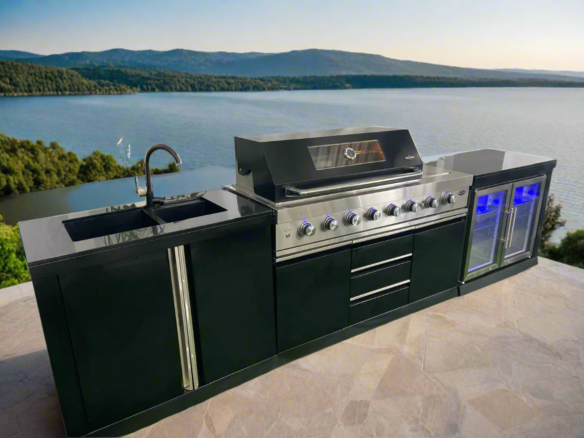 Black 304SS 6 Burner + Wok BBQ Kitchen + 2DR Fridge + 2DR Sink