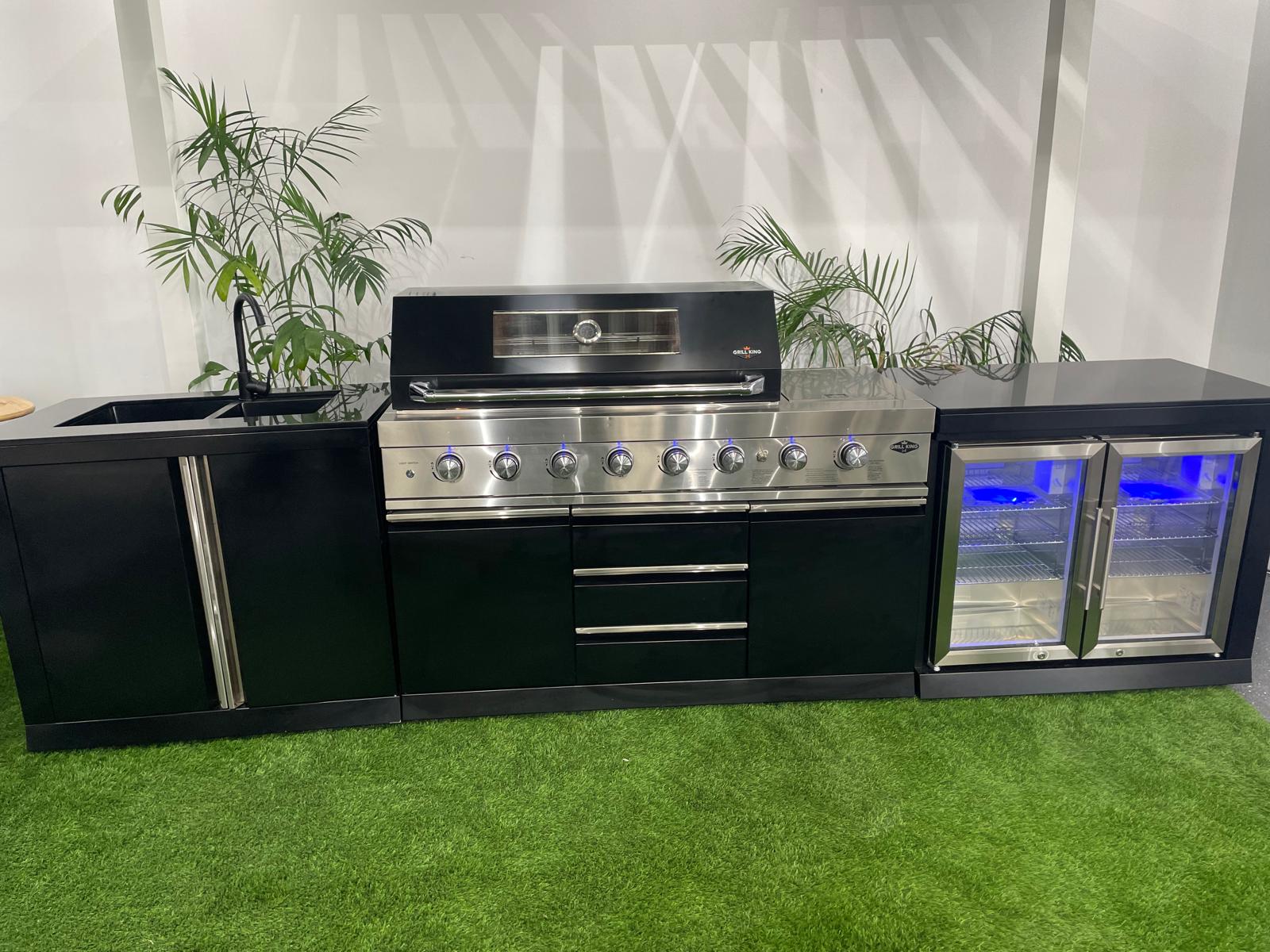 Black 304SS 6 Burner + Wok BBQ Kitchen + 2DR Fridge + 2DR Sink