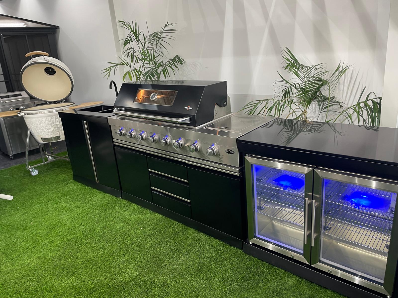 Black 304SS 6 Burner + Wok BBQ Kitchen + 2DR Fridge + 2DR Sink