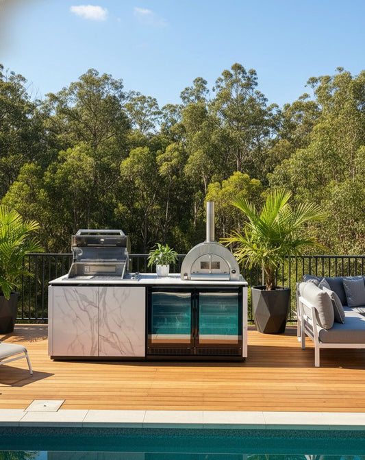 Floor Stock Grill King Bella 4B Drop In | Twin Fridge Alfresco Outdoor BBQ Kitchens Island High Grade White Stone Designer BBQ Inc 2 DR Fridge (excluding PIzza Oven)
