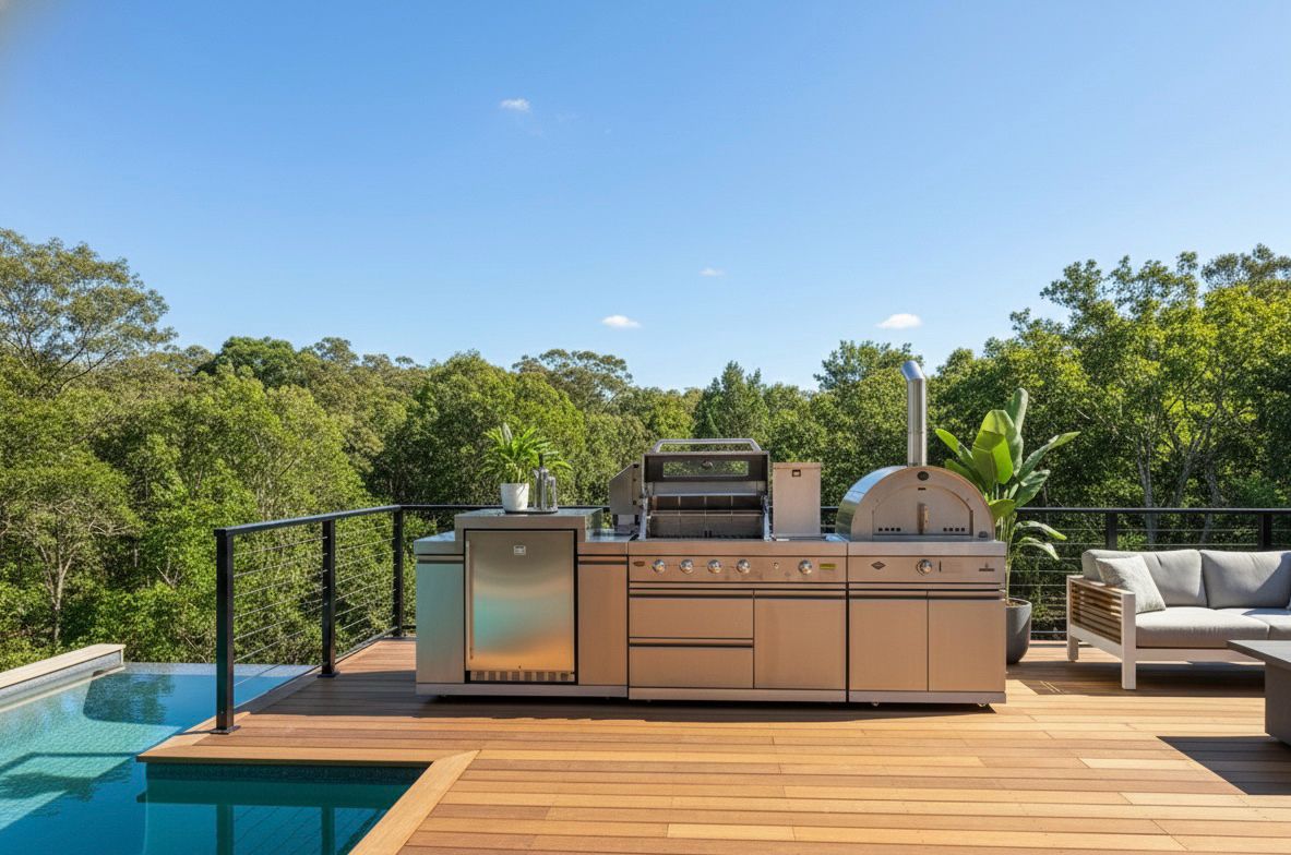 Floor Stock Stainless Steel Felix 4B + Wok BBQ Kitchen + 22” Gas Pizza Oven Module + 188L Kegerator