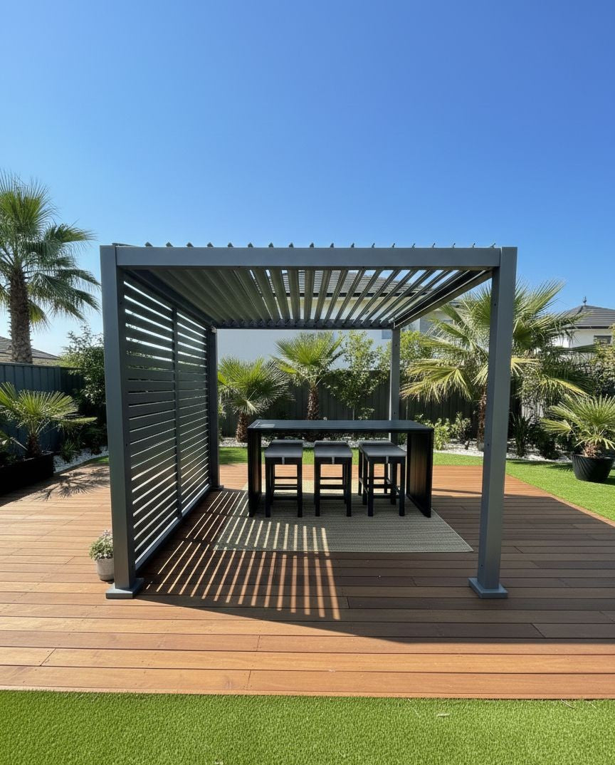 Grey Louvered Pergola 2.4m x 2.4m | Includes Aluminium Privacy Slat Panel | Floor Model
