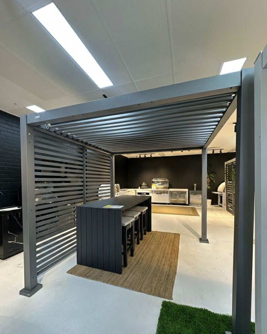 Grey Louvered Pergola 2.4m x 2.4m | Includes Aluminium Privacy Slat Panel | Floor Model