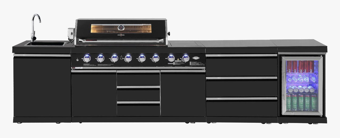 Kingsley 304 Black Stainless Steel 6 Burner Outdoor Kitchen w/ Fridge, Sink and Storage Bundle