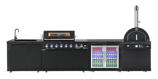 Rockpool Black Sintered Stone 6 Burner Outdoor Kitchen w/ Fridge, Sink and 22" Gas Pizza Oven Bundle