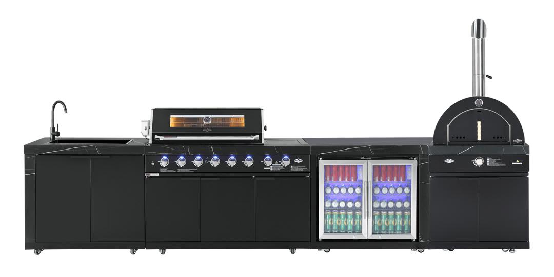 Rockpool Black Sintered Stone 6 Burner Outdoor Kitchen w/ Fridge, Sink and 22" Gas Pizza Oven Bundle