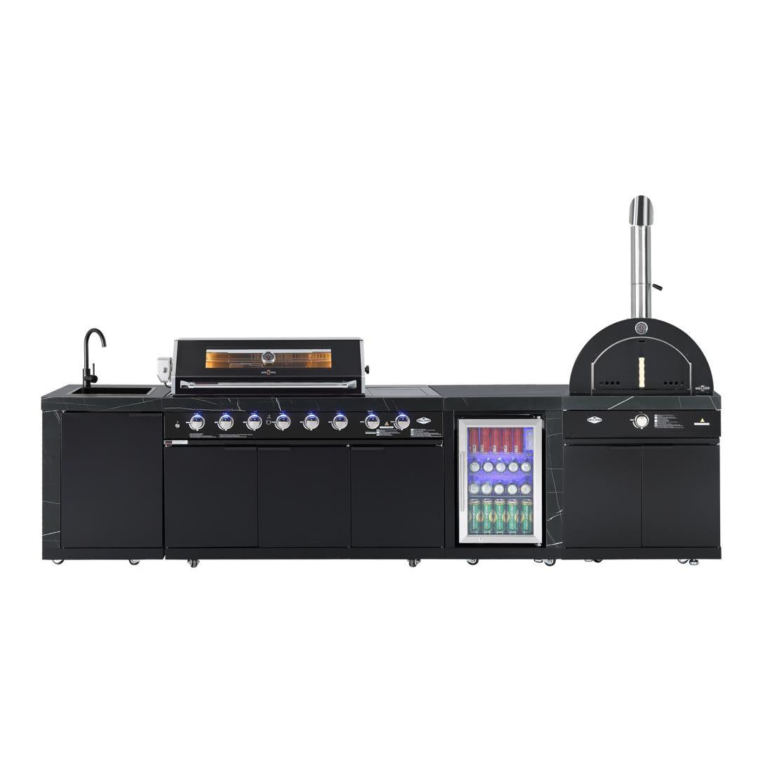 Rockpool Black Sintered Stone 6 Burner Outdoor Kitchen w/ Fridge, Sink and 22" Gas Pizza Oven Bundle