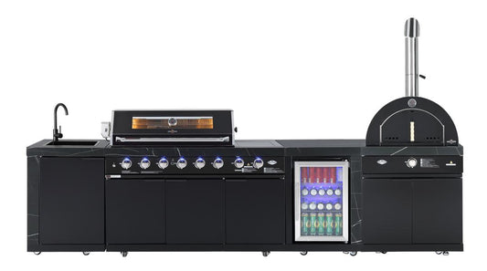 Rockpool Black Sintered Stone 6 Burner Outdoor Kitchen w/ Fridge, Sink and 22" Gas Pizza Oven Bundle
