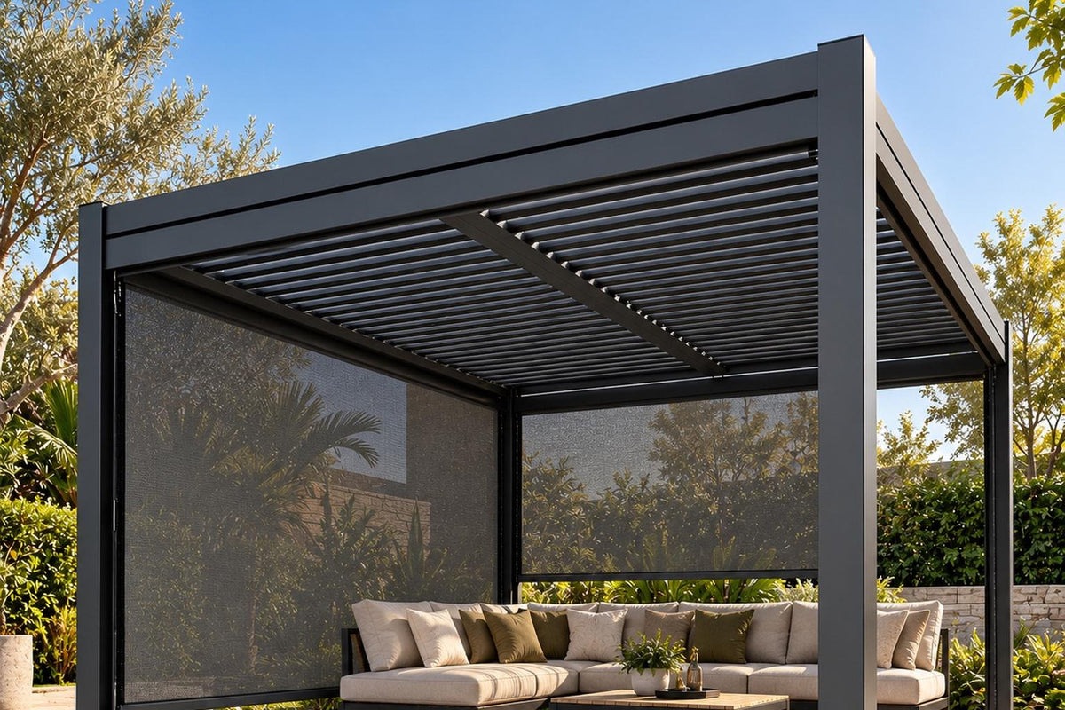 GazeboMate Louvered Gazebo + Aluminium Privacy Side Wall – Monument Charcoal