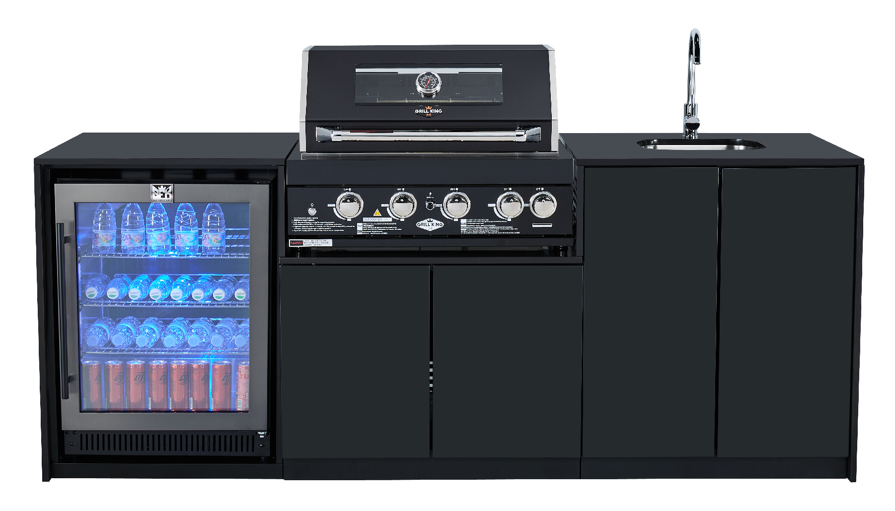 Grill King Signature Series Outdoor BBQ Kitchen Package – Rockpool Black Stone Bench-Top, Black Aluminium Cabinets | 4-Burner Built-In BBQ + Rotisserie + 150L Outdoor Fridge