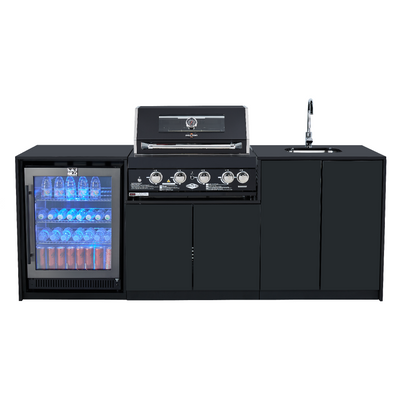 Grill King Signature Series 4 Burner Outdoor BBQ Kitchen – Rockpool Black Stone, 150L Fridge & Black Aluminium Cabinetry