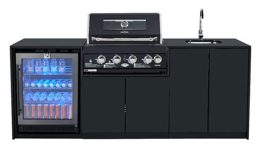 Grill King Signature Series Outdoor BBQ Kitchen Package – Rockpool Black Stone Bench-Top, Black Aluminium Cabinets | 4-Burner Built-In BBQ + Rotisserie + 150L Outdoor Fridge