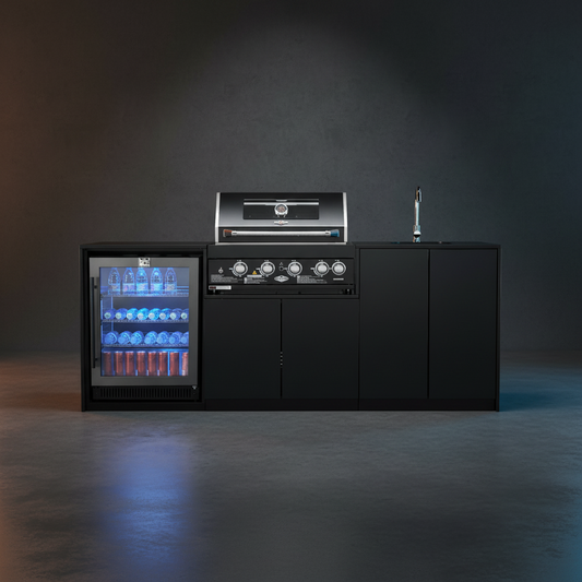 Grill King Signature Series Outdoor BBQ Kitchen Package โ Rockpool Black Stone Bench-Top, Black Aluminium Cabinets | 4-Burner Built-In BBQ + Rotisserie + 150L Outdoor Fridge